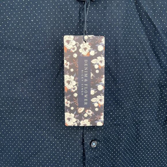 NWT Denim & Flower Navy Blue White Dot Men's Size Large Button Up Long Sleeve - Picture 4 of 8